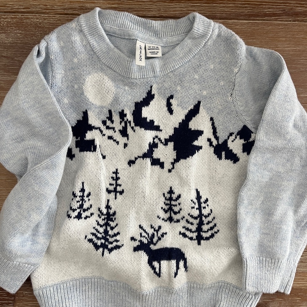 Light Blue Sweater with winter design baby kids clothes Janie and jack deer